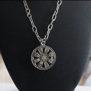 Circle Medallion Pendant Silver Chain Link Necklace